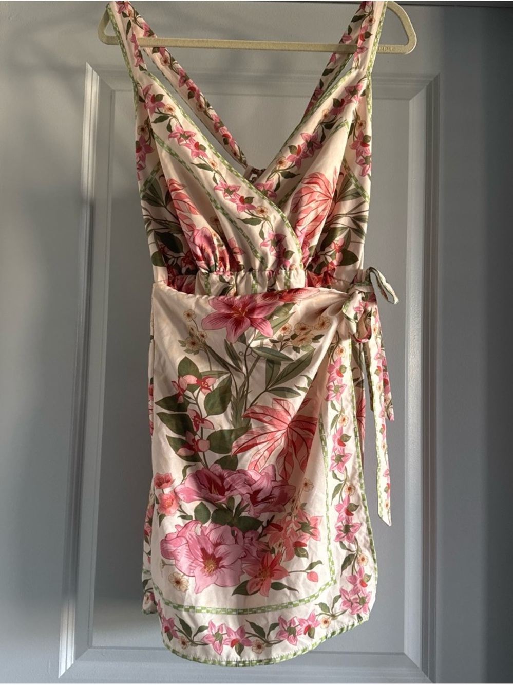 SHEIN Pink Floral Wrap Mini Dress with Green Leaf Print
